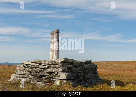 Old telegraph post at the mountain plateau 'Finnmarksvidda' in Alta, Finnmark, Norway. Stock Photo