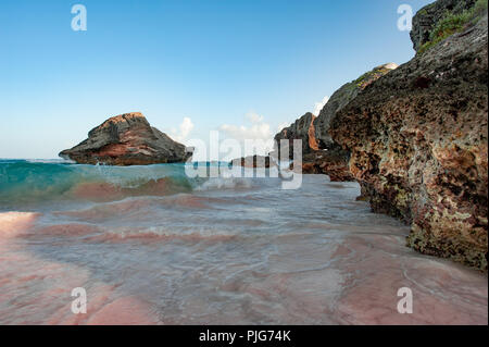 Bermuda beach and the aquamarine waters of King's Wharf and Horseshoe Bay - one of the prettiest tropical beaches with pink sand in the world Stock Photo