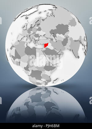 Syria on simple gray globe on shiny surface. 3D illustration. Stock Photo