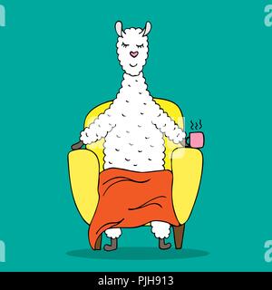 Colorful hand-drawn lama in the armchair with a cup of cacao. Cozy winter. Stock Vector