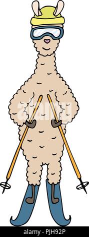 Isolated hand-drawn lama in a hat and sunglasses skiing. Stock Vector