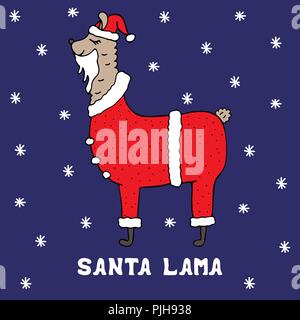Hand-drawn colorful Santa lama in a christmas suit. Stock Vector