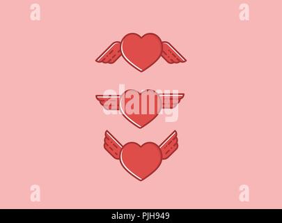 Heart with wings vector icons, flat line design style signs Stock Vector