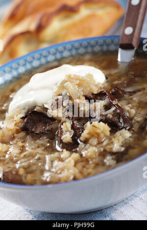 Russian sauerkraut sout with mushrooms and pearl barley Stock Photo