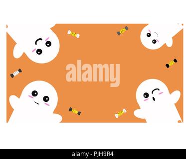 Happy Halloween Background with Cute Ghosts and Candys Vector Illustration. Halloween Ornaments on Orange Background. Stock Vector