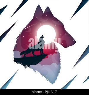 Cartoon paper landscape. Wolf illustration. Stock Vector