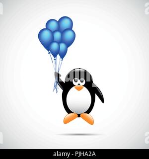 cute penguin flying with blue helium balloons childish cartoon design vector illustration EPS10 Stock Vector