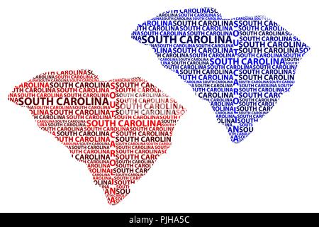 Sketch South Carolina (United States of America) letter text map, South Carolina map - in the shape of the continent, Map South Carolina - red and blu Stock Vector