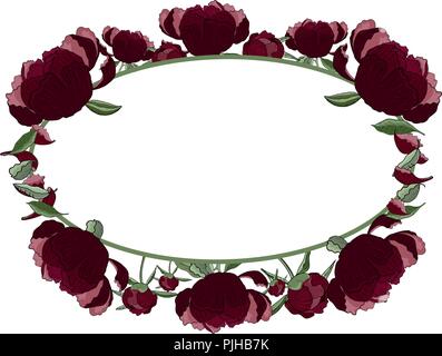 Floral oval frame of dark red peony flowers, buds and leaves with copy space. Romantic design, wedding announcements, greeting cards, posters, adverti Stock Vector