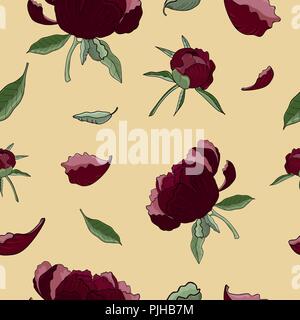 Seamless pattern of dark red peonies. Isolated peony flowers with buds, leaves on the light orange background. Vintage botanical illustration. Stock Vector