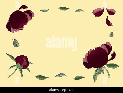 Frame of dark red peony flowers, buds and green leaves. Vintage botanical illustration of beautiful plants isolated on the light orange background. Fo Stock Vector