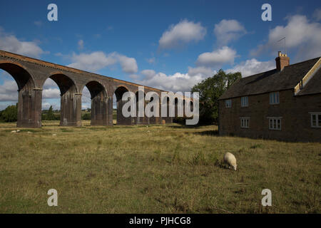 Welland Viaduct, also known as Harringworth Viaduct and Seaton Viaduct, is a railway viaduct which crosses the valley of the River Welland Stock Photo