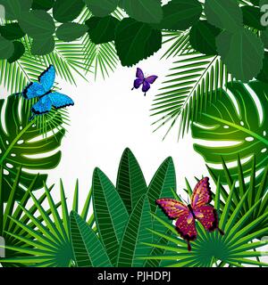 Tropical leaves with butterflies. Floral design background. Stock Vector