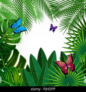 Tropical leaves with butterflies. Floral design background. Stock Vector