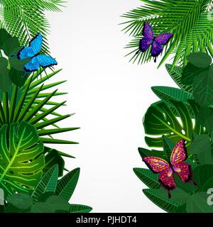 Tropical leaves with butterflies. Floral design background. Stock Vector