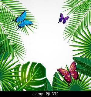 Tropical leaves with butterflies. Floral design background. Stock Vector