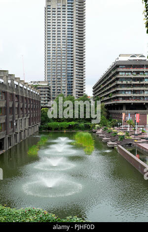 Exterior view of the Barbican Centre and Barbican residential apartment buildings in summer the City of London UK  KATHY DEWITT Stock Photo