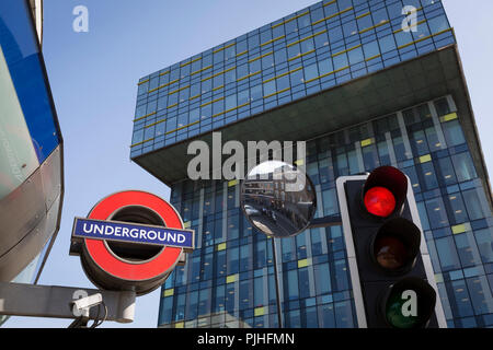 The London Underground (subway) logo at Southwark Station and the headquarters for Transport for London (TFL) in Palestra House, 197 Blackfriars Road, London, SE1, on 6th September, in London, England. Stock Photo