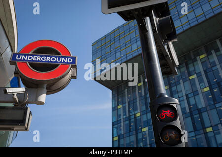 The London Underground (subway) logo at Southwark Station and the headquarters for Transport for London (TFL) in Palestra House, 197 Blackfriars Road, London, SE1, on 6th September, in London, England. Stock Photo