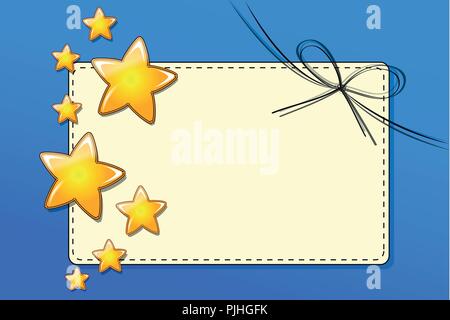 paper gift voucher card with ribbons with golden stars on blue background vector illustration EPS10 Stock Vector