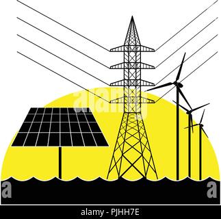 Silhouettes of the electricity pylon, solar panel and wind turbines. Stock Vector