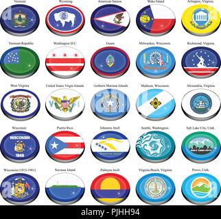 Set of icons. States and territories of USA flags. Stock Vector