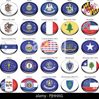Set of icons. States and territories of USA flags. Stock Vector