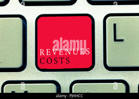 Word writing text Revenues Costs. Business concept for Total amount of money in Manufacturing and Delivery a product. Stock Photo