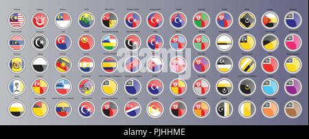 Set of icons. Flags of the Malaysian regions. 3D illustration. Vector. Stock Vector