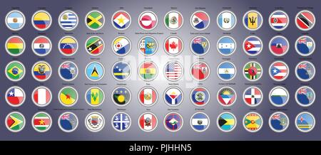 Set of icons. Flags of North, South and Central America. 3D illustration. Vector. Stock Vector