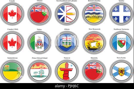 Set of vector icons. Regions of Canada flags and coat of arms (Alberta ...