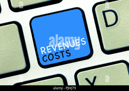 Writing note showing Revenues Costs. Business photo showcasing Total amount of money in Manufacturing and Delivery a product. Stock Photo