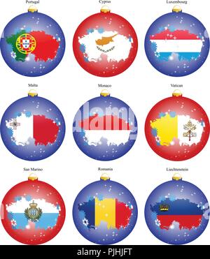 Set of icons. Christmas tree balls with flags of the Europe. Vector. 3D. Stock Vector