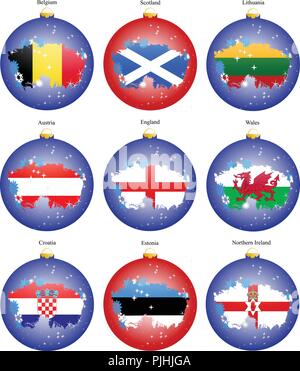 Set of icons. Christmas tree balls with flags of the Europe. Vector. 3D. Stock Vector