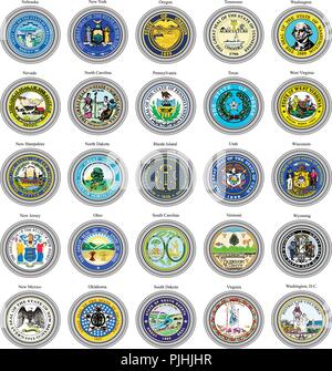 Set of icons. States of USA seals. 3D. Stock Vector