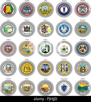 Set of icons. States of USA seals. 3D. Stock Vector