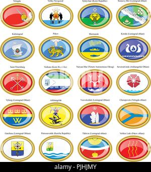 Set of icons. Flags of the Russian cities (Northwestern Federal District). Stock Vector