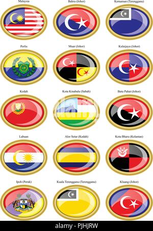 Set of icons. Flags of the Malaysian states and cities. Stock Vector