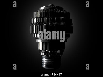 A dramatically lit concept of metal cogwheels making up the shape of a regular light bulb symbolising imagination on an isolated dark background - 3D  Stock Photo