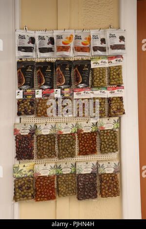 Plaka Athens Greece Packs of Olives, figs, apricots on sale Stock Photo