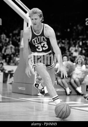Boston Celtics Hall of Famer Larry Bird brings the ball up against the Chicago Bulls during a game at the Chicago Stadium in 1985. Stock Photo