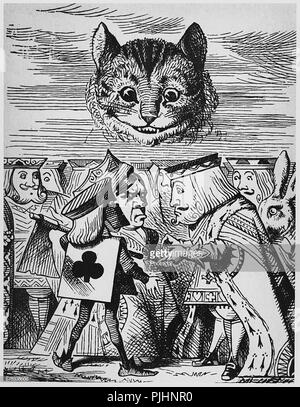 Illustration by Sir John Tenniel Alice in Wonderland, by Lewis Carroll London, MacMilllan, 1865. Executioner argues with King about cutting off Cheshire Cat's head. (Photo by Photo 12/ UIG via Getty Images) Stock Photo