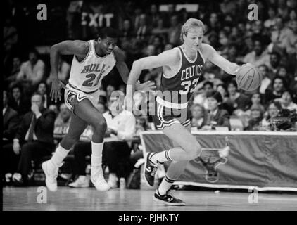 Boston Celtics Hall of Famer Larry Bird brings the ball up against the Chicago Bulls during a game at the Chicago Stadium in 1985. Stock Photo