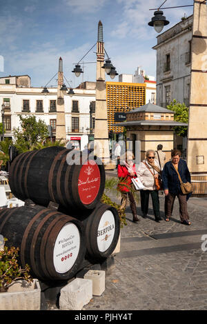 Spain, Jerez de La Frontera, Plaza de Abastos, sherry barrels decorating pavement cafe Stock Photo