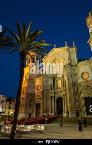 Spain, Cadiz, Plaza de la Catedral, Cathedral illuminated at night Stock Photo
