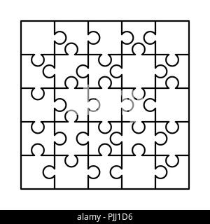 25 white puzzles pieces arranged in a square. Jigsaw Puzzle template ready for print. Cutting guidelines isolated on white Stock Vector