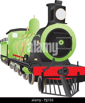 An Old Twelve Wheel or 480 Steam Railway Tender Locomotive with a cowcatcher, headlight and brass fittings painted in a green,red and black livery iso Stock Vector