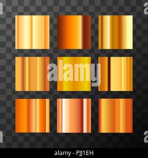 Set of different gold metal gradients swatches on transparent background Stock Vector