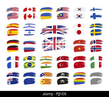 Large set of grunge brush strokes with different country flags on white Stock Vector