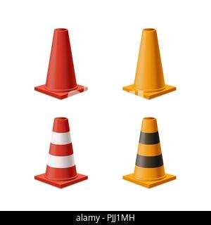 Set of bright yellow and red road cones on white Stock Vector